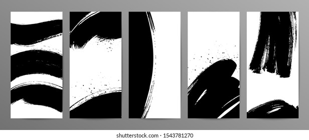 Story template for social media. Modern vector abstract design. Black paint brush strokes illustrations. Editable black and white backgrounds for social networks stories 