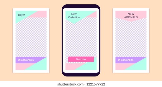 Story template for social media network. Editable story mock up for mobile media in Full HD resolution, with special places to paste photo. Style for Fashion life. Vector Eps10