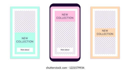 Story template for social media network. Editable story mock up for mobile media in Full HD resolution, with special places to paste photo. Style for Fashion life, boutique and shop. Vector Eps10