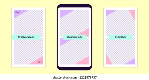 Story template for social media network. Editable story mock up for mobile media in Full HD resolution, with special places to paste photo. Style for Fashion life. Vector Eps10