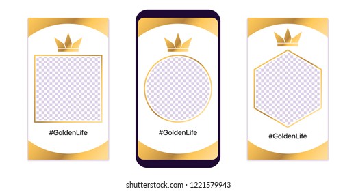 Story template for social media network. Editable story mock up for mobile media in Full HD resolution, with special places to paste photo. Golden style with crown. Vector Eps10