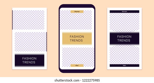 Story template for social media network. Editable story mock up for mobile media in Full HD resolution, with special places to paste photo. Style for Fashion and stylish life. Vector Eps10