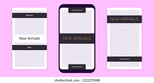 Story template for social media network. Editable story mock up for mobile media in Full HD resolution, with special places to paste photo. Style for Fashion life, boutique and shop. Vector Eps10