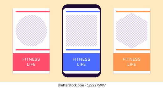 Story template for social media network. Editable story mock up for mobile media in Full HD resolution, with special places to paste photo. Style for Fitness and Sport life. Vector Eps10