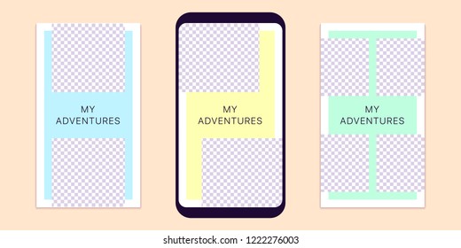 Story template for social media network. Editable story mock up for mobile media in Full HD resolution, with special places to paste photo. Style for Travels and adventures. Vector Eps10