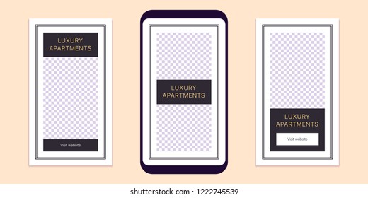 Story template for social media network. Editable story mock up for mobile media in Full HD resolution, with special places to paste photo. Style for Luxury apartments. Vector Eps10