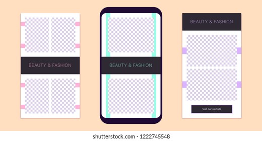 Story template for social media network. Editable story mock up for mobile media in Full HD resolution, with special places to paste photo. Style for Beauty and Fashion life. Vector Eps10