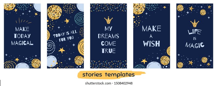 Story template for social media Set with quotes Life is Magic Cute Christmas design background Social net stories Bright story collection. Glittering gold colors vertical banner. Vector illustration.