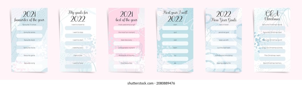 Story templates design for new year goals planner and influencer post engagement quiz. Christmas design layout set for goals, favorites and wishes. Personal blue pink vertical story organizer.  Vector