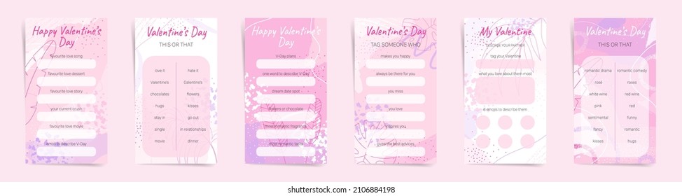 Story templates design for valentine day goals planner and influencer post engagement quiz. Love design layout set for goals, favorites, q and a and wishes. Personal vertical story organizer. Vector.	