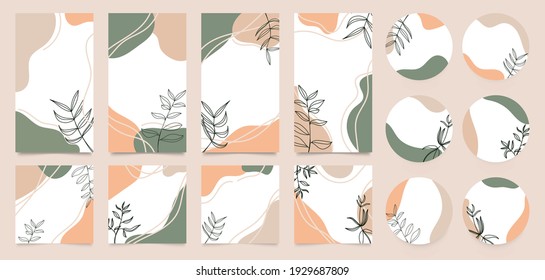  Story Templates And Highlights Covers Vector Set. Social Media Background Design With Floral And Hand Drawn Organic Shapes Textures. Abstract Minimal Trendy Style Wallpaper. Vector Illustration.