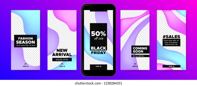 Story Templates for Sales with Swipe Up Buttons. Vector Colorful Liquid Shapes. Trendy Covers with Gradient Wave Forms. Social Media Marketing Concept. Abstract Story Design for Mobile Phone Screen.