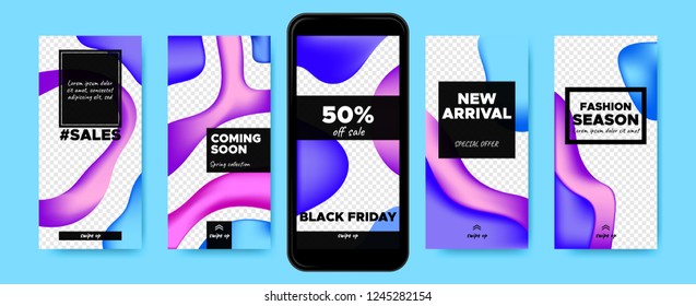 Story Templates for Sales with Swipe Up Buttons. Vector Colorful Liquid Shapes. Trendy Covers with Gradient Wave Forms. Social Media Marketing Concept. Abstract Story Design for Mobile Phone Screen.