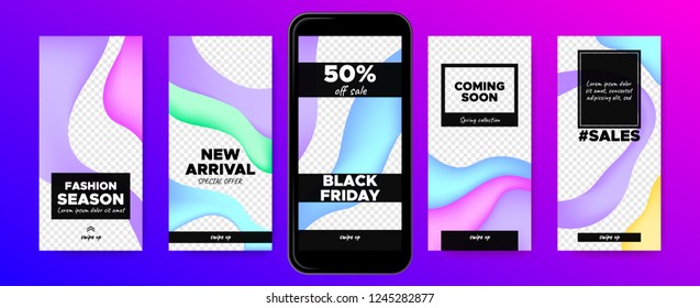 Story Templates for Sales with Swipe Up Buttons. Vector Colorful Liquid Shapes. Trendy Covers with Gradient Wave Forms. Social Media Marketing Concept. Abstract Story Design for Mobile Phone Screen.