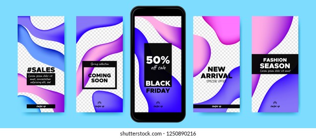 Story Templates for Sales with Swipe Up Buttons. Vector Colorful Liquid Shapes. Trendy Covers with Gradient Wave Forms. Social Media Marketing Concept. Abstract Story Design for Mobile Phone Screen.
