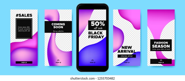 Story Templates for Sales with Swipe Up Buttons. Vector Colorful Liquid Shapes. Trendy Covers with Gradient Wave Forms. Social Media Marketing Concept. Abstract Story Design for Mobile Phone Screen.