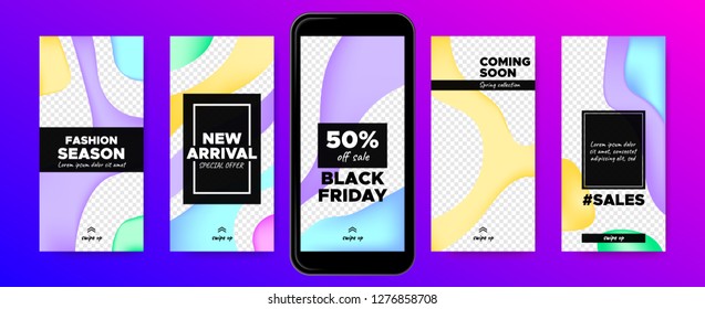 Story Templates for Sales with Swipe Up Buttons. Vector Colorful Liquid Shapes. Trendy Covers with Gradient Wave Forms. Social Media Marketing Concept. Abstract Story Design for Mobile Phone Screen.