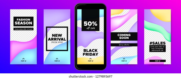 Story Templates for Sales with Swipe Up Buttons. Vector Colorful Liquid Shapes. Trendy Covers with Gradient Wave Forms. Social Media Marketing Concept. Abstract Story Design for Mobile Phone Screen.