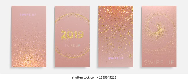 Story templates set for Christmas and New Year 2019 sales with swipe up buttons. Xmas fashion decorations, beautiful gold glitter particles. Eps10 vector illustration