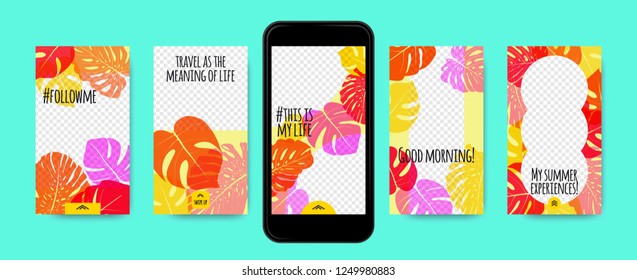Story Templates Set. Philodendron Leaves Photo Frames. Bright Tropic Pattern for Social Media Stories Design. Exotic Background for Smart Phone Display. Summer Travel Photo Decoration for Stories.