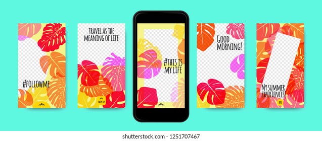Story Templates Set. Philodendron Leaves Photo Frames. Bright Tropic Pattern for Social Media Stories Design. Exotic Background for Smart Phone Display. Summer Travel Photo Decoration.