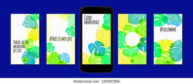 Story Templates Set. Philodendron Leaves Photo Frames. Bright Tropic Pattern for Social Media Stories Design. Exotic Background for Smart Phone Display. Summer Travel Photo Decoration for Stories.
