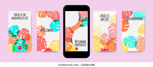 Story Templates Set. Philodendron Leaves Photo Frames. Bright Tropic Pattern for Social Media Stories Design. Exotic Background for Smart Phone Display. Summer Travel Photo Decoration for Stories.