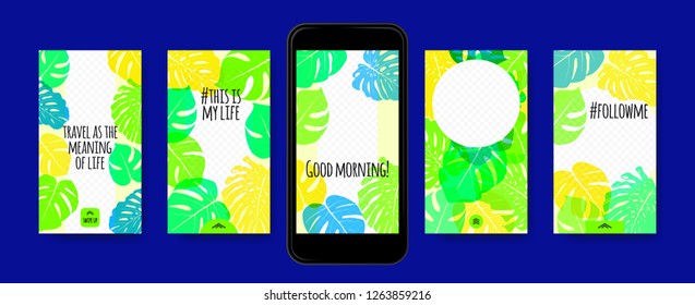 Story Templates Set. Philodendron Leaves Photo Frames. Bright Tropic Pattern for Social Media Stories Design. Exotic Background for Smart Phone Display. Summer Travel Photo Decoration for Stories.