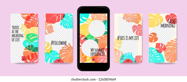 Story Templates Set. Philodendron Leaves Photo Frames. Bright Tropic Pattern for Social Media Stories Design. Exotic Background for Smart Phone Display. Summer Travel Photo Decoration for Stories.