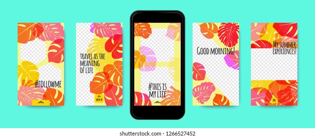 Story Templates Set. Philodendron Leaves Photo Frames. Bright Tropic Pattern for Social Media Stories Design. Exotic Background for Smart Phone Display. Summer Travel Photo Decoration for Stories.