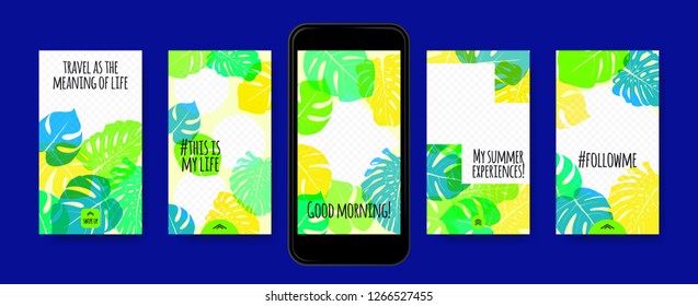 Story Templates Set. Philodendron Leaves Photo Frames. Bright Tropic Pattern for Social Media Stories Design. Exotic Background for Smart Phone Display. Summer Travel Photo Decoration for Stories.