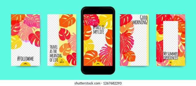 Story Templates Set. Philodendron Leaves Photo Frames. Bright Tropic Pattern for Social Media Stories Design. Exotic Background for Smart Phone Display. Summer Travel Photo Decoration for Stories.