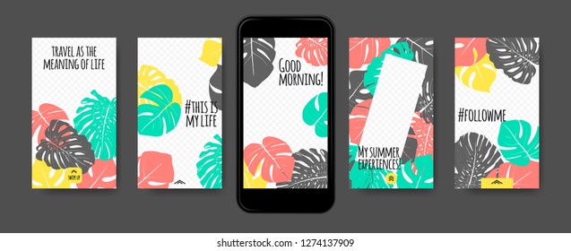 Story Templates Set. Philodendron Leaves Photo Frames. Bright Tropic Pattern for Social Media Stories Design. Exotic Background for Smart Phone Display. Summer Travel Photo Decoration for Stories.