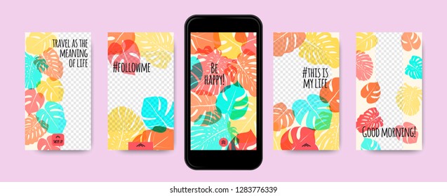 Story Templates Set. Philodendron Leaves Photo Frames. Bright Tropic Pattern for Social Media Stories Design. Exotic Background for Smart Phone Display. Summer Travel Photo Decoration for Stories.