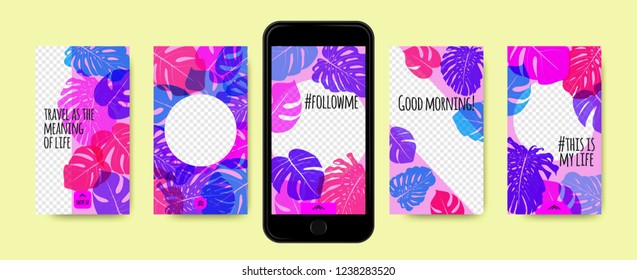 Story Templates Set. Tropical Philodendron Leaf. Color Photo Frames for Stories in Social Networks. Screen Wallpapers Tropic Floral Collection. Smart Phone Screen Design or Summer Template for Story.