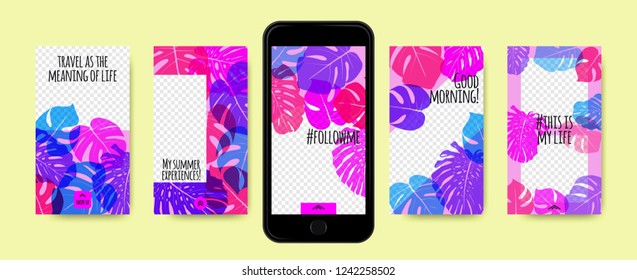 Story Templates Set. Tropical Philodendron Leaf. Color Photo Frames for Stories in Social Networks. Screen Wallpapers Tropic Floral Collection. Smart Phone Screen Design or Summer Template for Story.