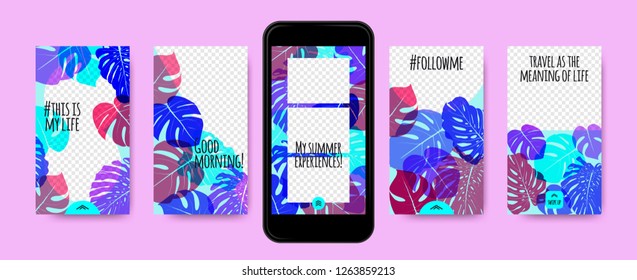 Story Templates Set. Tropical Philodendron Leaf. Color Photo Frames for Stories in Social Networks. Screen Wallpapers Tropic Floral Collection. Smart Phone Screen Design or Summer Template for Story.