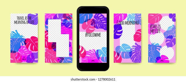 Story Templates Set. Tropical Philodendron Leaf. Color Photo Frames for Stories in Social Networks. Screen Wallpapers Tropic Floral Collection. Smart Phone Screen Design or Summer Template for Story.