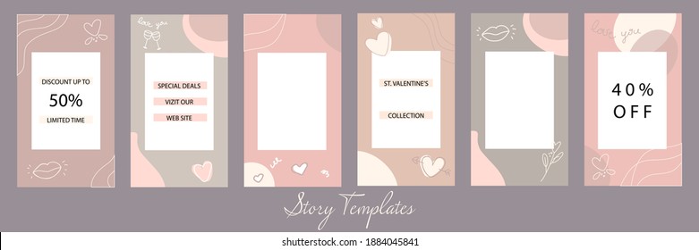 Story templates for social media. Valentine’s Day theme. Vector Illustration with hearts, flowers and lines in pastel colours. Background for stories.