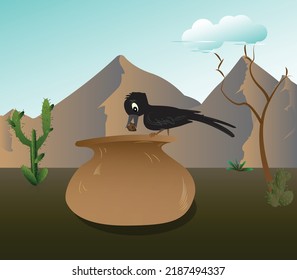 Story of thirsty wise crow find water in drought, bird on a  clay pot