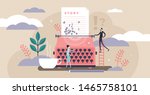 Story vector illustration. Flat tiny literature text author persons concept. Abstract fantasy book writing. Narrative scene development with typewriter. Literature type with creative idea imagination.