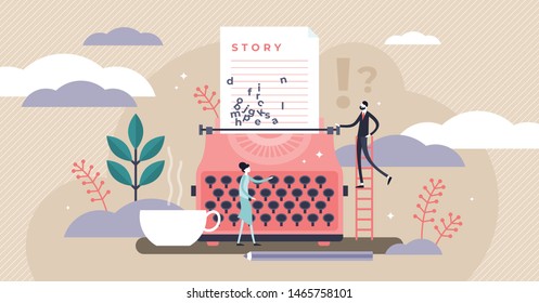 Story vector illustration. Flat tiny literature text author persons concept. Abstract fantasy book writing. Narrative scene development with typewriter. Literature type with creative idea imagination.