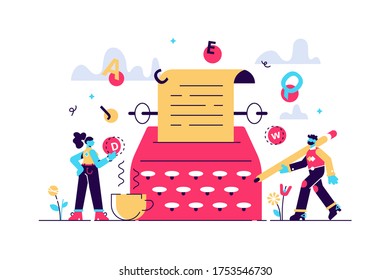 Story Vector Illustration. Flat Tiny Literature Text Author Persons Concept. Abstract Fantasy Book Writing. Narrative Scene Development With Typewriter. Literature Type With Creative Idea Imagination.