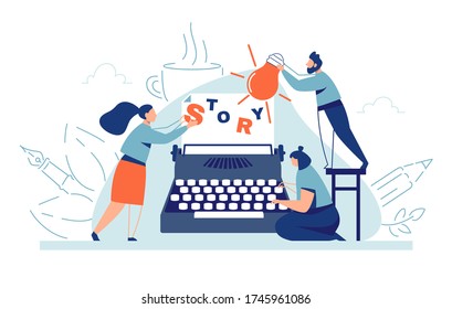 Story Writing. Author Book Vector Illustration. Flat Literature Text Concept. Creative Writing And Storytelling With Typewriter. Creative Idea. Copywriter Workshop.