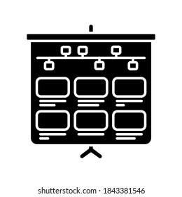 Storyboard black glyph icon. Animation professional production step. Visual development. Frames on whiteboard. Brainstorming process. Silhouette symbol on white space. Vector isolated illustration