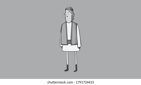 storyboard the boy is dressed in medieval clothes, the boy stands still and looks through the parts puzzled,vector,sketch.