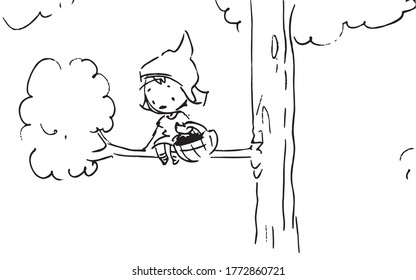 storyboard cartoon little red riding hood, sits in the tree sitting on a branch with a basket in her hand, and looks down,illustration of a vector sketch from a cartoon storyboard project,vector.