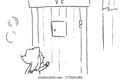 storyboard cartoon, little red riding hood knocking on grandma's door, little red riding hooda coming to grandma,illustration of a vector sketch from a cartoon storyboard project,vector.