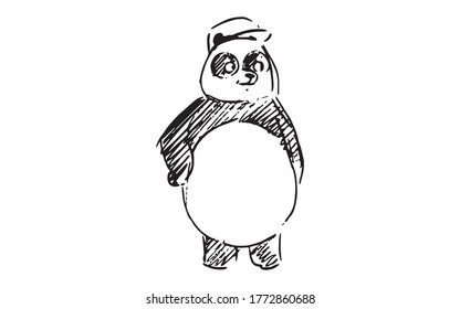 storyboard cartoon, the panda bear has a hat on his head, sits with his hands on his belt and looks to one side,illustration of a vector sketch from a cartoon storyboard project.