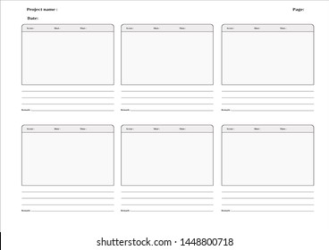 Storyboard layout for film or animation on white background.